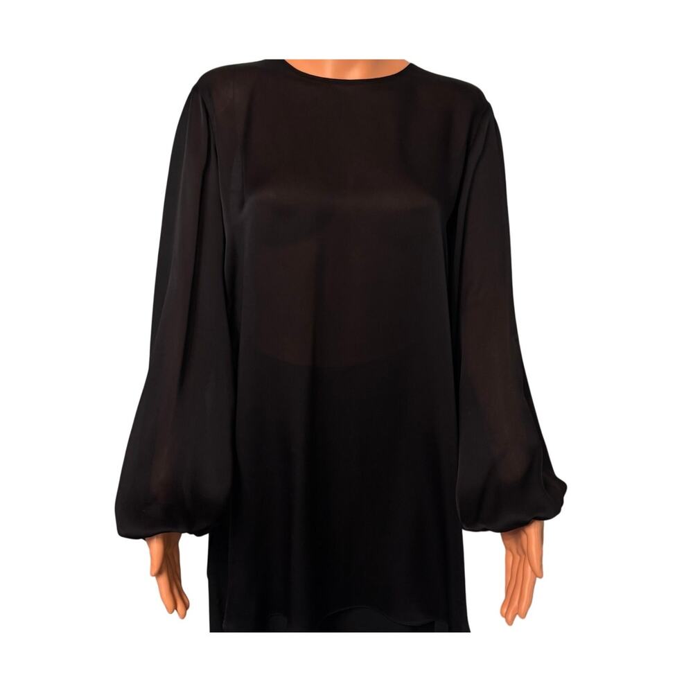 The Row Silk Sheer Tunic Top XS Black Open Back w/ Ties Bishop Sleeves Hi-Low